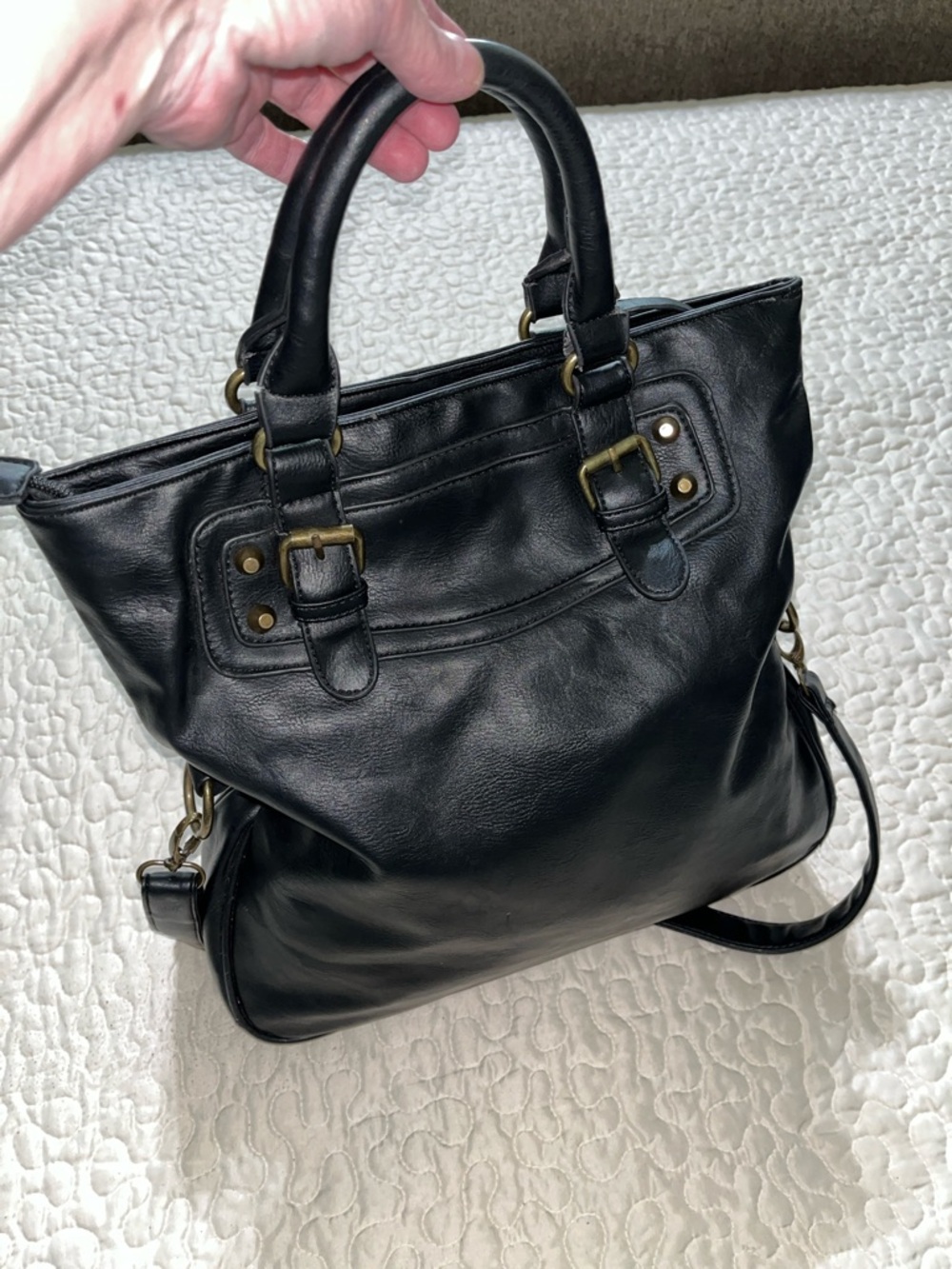 Kiss Me Couture Classic Black Leather Satchel Handbag/Shoulder bag
